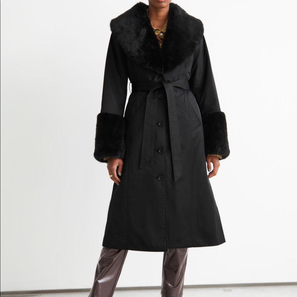 & Other Stories - Faux Fur Trim Wrap Coat